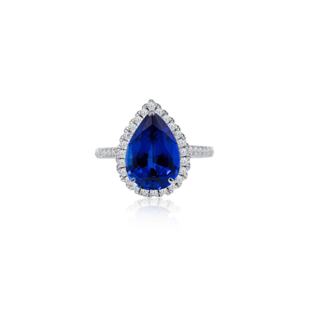 2.0ct Pear Cut Lab Blue Sapphire Halo Engagement Ring Ring Deluxe Fine Jewelry