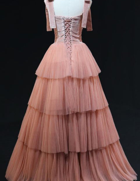 Pink straps layered long tulle prom gown evening dress