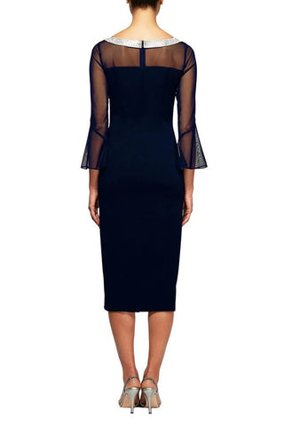 Alex Evenings embellished boat neck bell sleeve illusion sheath crepe dress - By Baano