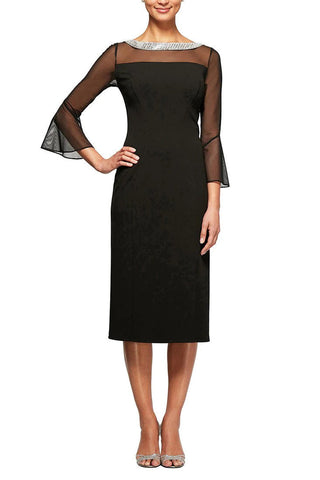 Alex Evenings embellished boat neck bell sleeve illusion sheath crepe dress - By Baano
