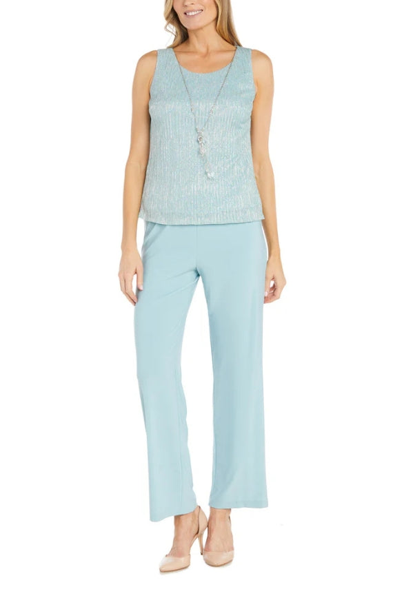 R&M Richards Scoop Neck Sleeveless Top 3/4 Sleeve Jacket Relaxed Straight Trousers Pantsuit with Necklace