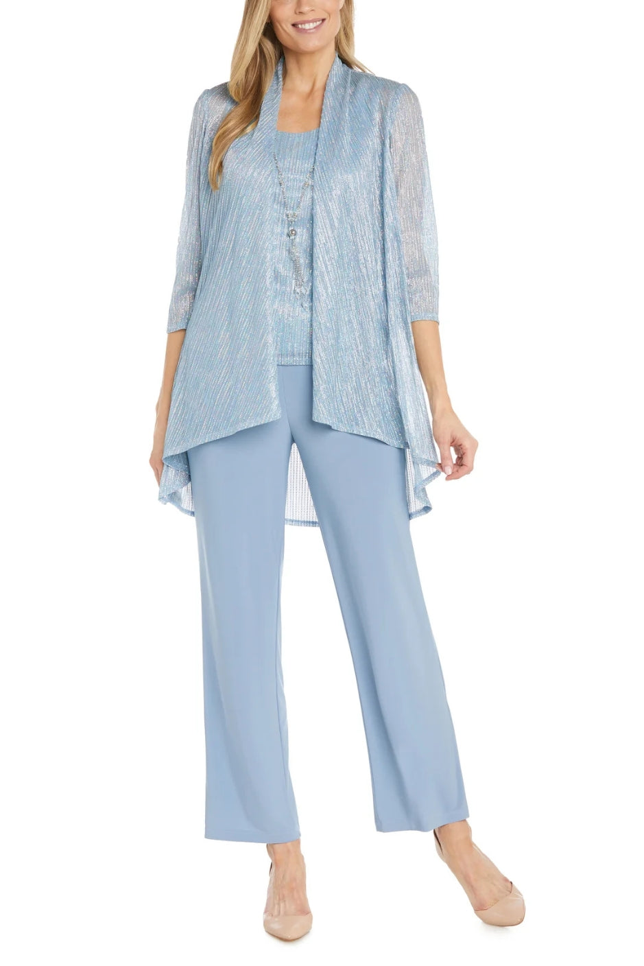 R&M Richards Scoop Neck Sleeveless Top 3/4 Sleeve Jacket Relaxed Straight Trousers Pantsuit with Necklace