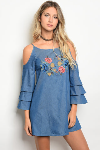 Chambray Embroidered Ruffles Dress