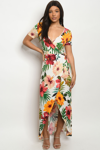 Tropical Ivory Wrap Maxi Dress