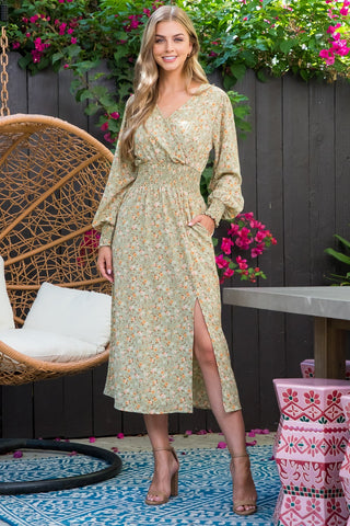 Floral Sage Slit Midi Dress