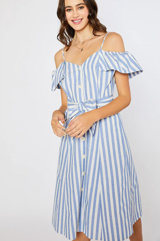 Blue Striped Buttons Dress