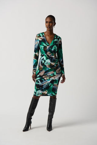 Abstract Print Silky Knit Wrap Dress With Ornament- Black/Multi