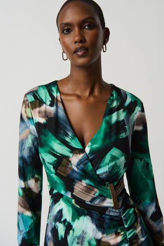 Abstract Print Silky Knit Wrap Dress With Ornament- Black/Multi