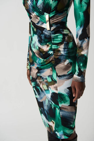 Abstract Print Silky Knit Wrap Dress With Ornament- Black/Multi
