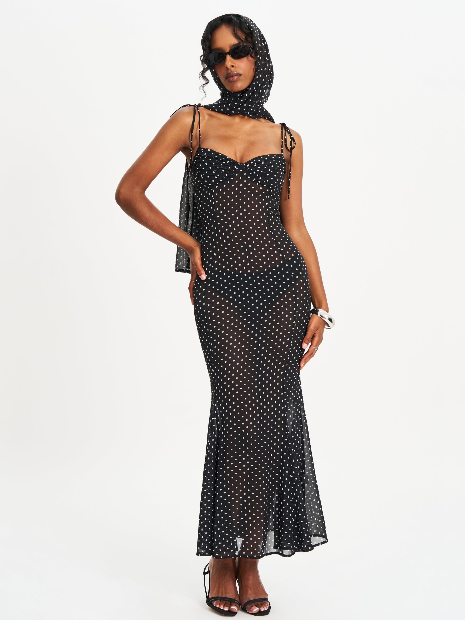 Yadira Black Base Polka Dot Chiffon Maxi Dress Miss Circle