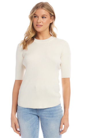 Short Sleeve Ribbed Sweater - Cream - By Baano