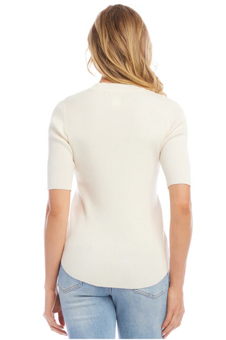 Short Sleeve Ribbed Sweater - Cream - By Baano