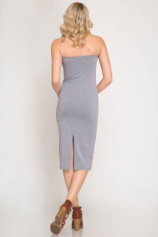 Strapless Basic Tube Midi Dress w/Back Slit