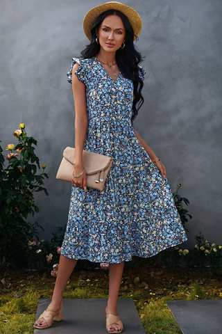 V Neck Sleeveless Flower Midi Dress