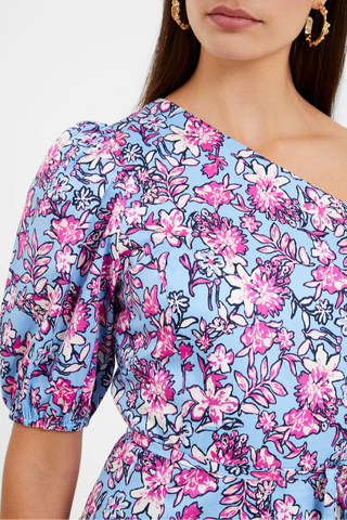 Fontini One Shoulder Puff Sleeve Mini Dress- Placid Blue