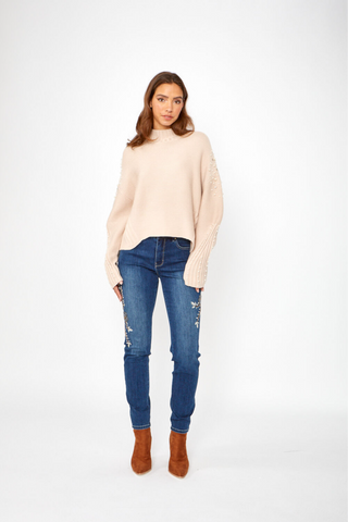 Beige Knit Sweater with Pearl and Crystal Embellishment - By Baano