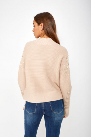 Beige Knit Sweater with Pearl and Crystal Embellishment - By Baano