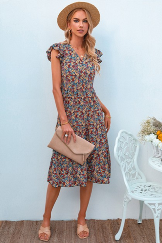V Neck Sleeveless Flower Midi Dress