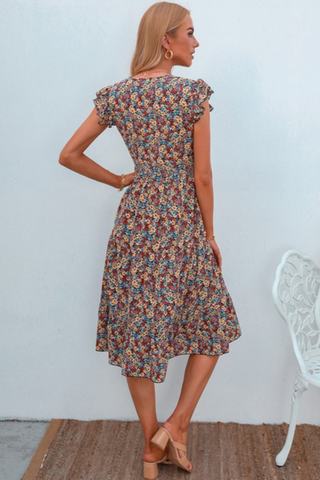 V Neck Sleeveless Flower Midi Dress