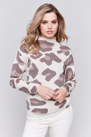 Animal Jacquard Mock Neck Drop Shoulder Sweater - By Baano