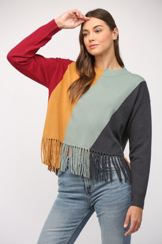 Colorblock Fringe Sweater - By Baano