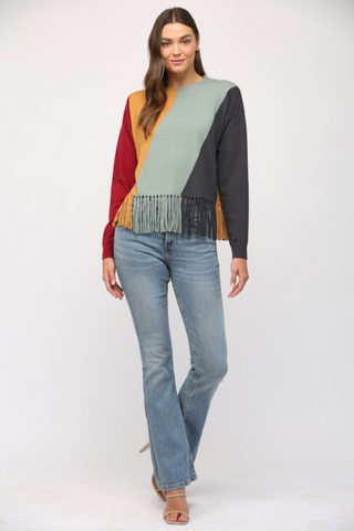 Colorblock Fringe Sweater - By Baano