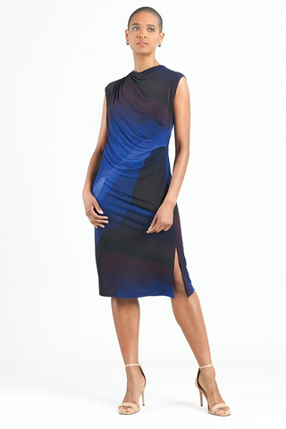 Watercolor Print Sleeveless Ruched Soft Knit Midi Dress