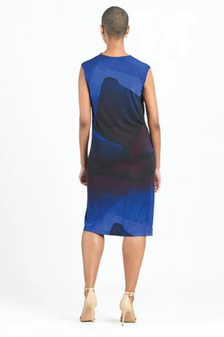 Watercolor Print Sleeveless Ruched Soft Knit Midi Dress