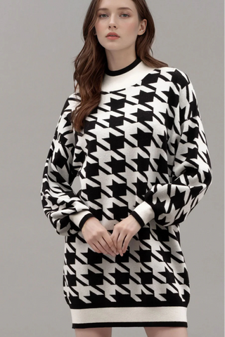 Mock Neck Houndstooth Sweater Dress - By Baano