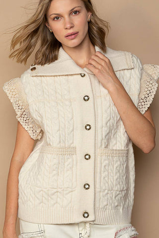 Crochet Button Down Lace Trim Sweater Vest - By Baano