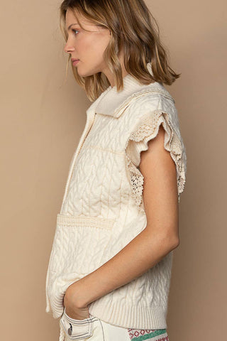 Crochet Button Down Lace Trim Sweater Vest - By Baano