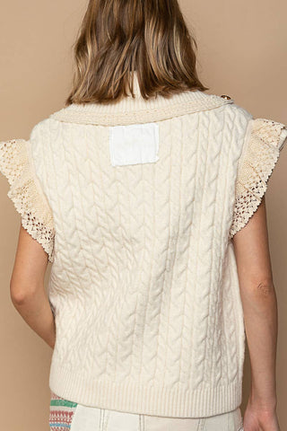 Crochet Button Down Lace Trim Sweater Vest - By Baano