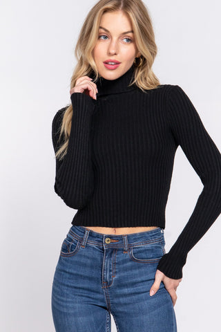 Long Sleeve Turtle Neck Fitted Crop Rib Sweater - By Baano