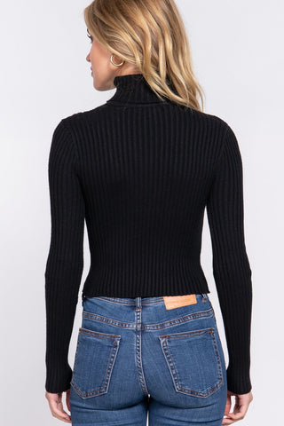 Long Sleeve Turtle Neck Fitted Crop Rib Sweater - By Baano