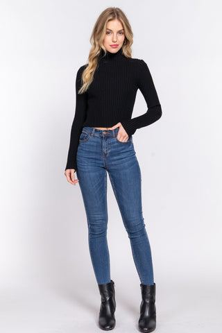 Long Sleeve Turtle Neck Fitted Crop Rib Sweater - By Baano
