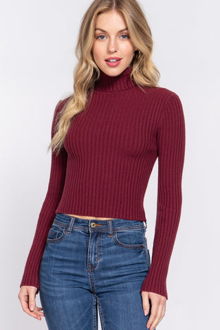 Long Sleeve Turtle Neck Fitted Crop Rib Sweater - By Baano