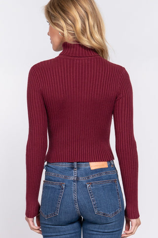 Long Sleeve Turtle Neck Fitted Crop Rib Sweater - By Baano