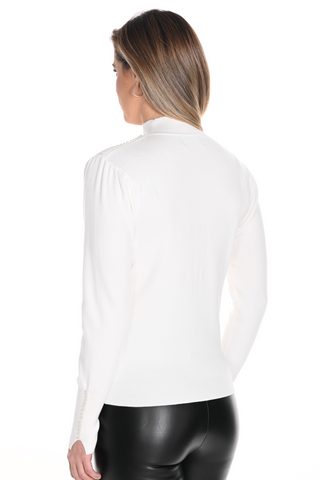 High Neck Off White Sweater with Pearl Detail on shoulders and cuff - By Baano