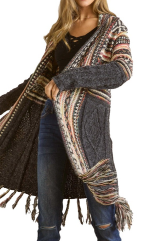 Aztec Fringe Kimono Sweater Cardigan - By Baano