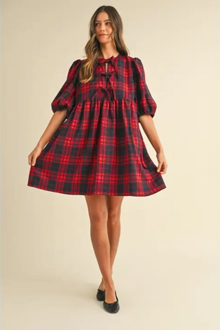 Plaid Ribbon Tie Mini Dress
