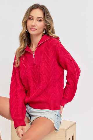 Cable Knit Zipper Front Sweater - By Baano