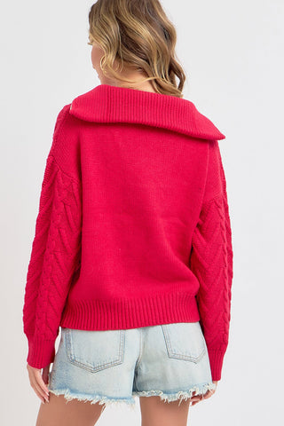 Cable Knit Zipper Front Sweater - By Baano