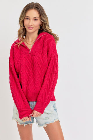 Cable Knit Zipper Front Sweater - By Baano