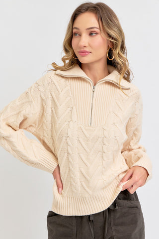 Cable Knit Zipper Front Sweater - By Baano