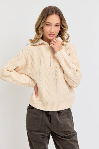 Cable Knit Zipper Front Sweater - By Baano