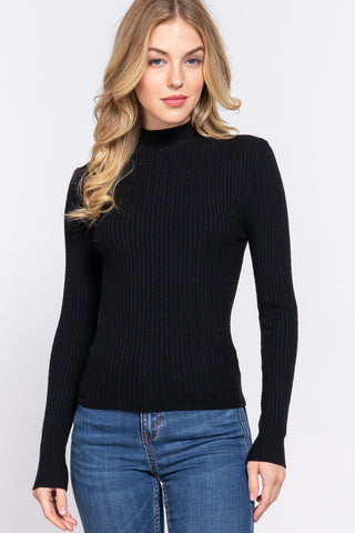 Long Sleeve Mock Neck Rib Sweater - By Baano