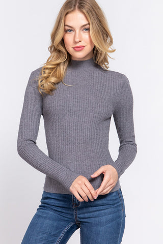 Long Sleeve Mock Neck Rib Sweater - By Baano