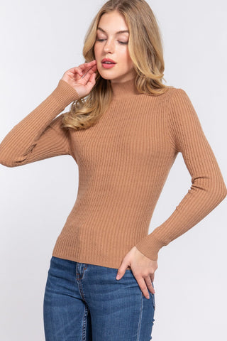 Long Sleeve Mock Neck Rib Sweater - By Baano