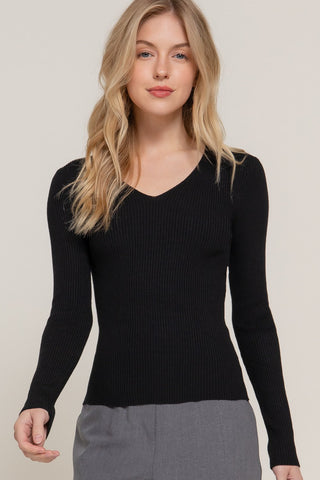 Long Sleeve V-Neck Fitted Viscose Rib Sweater Top - By Baano