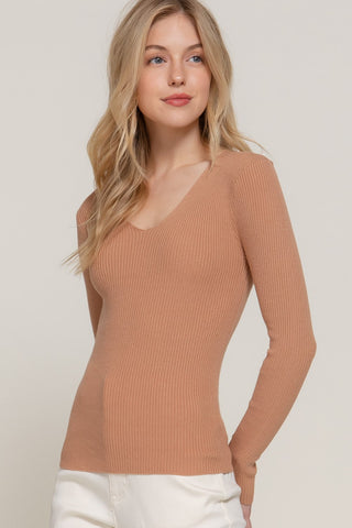 Long Sleeve V-Neck Fitted Viscose Rib Sweater Top - By Baano